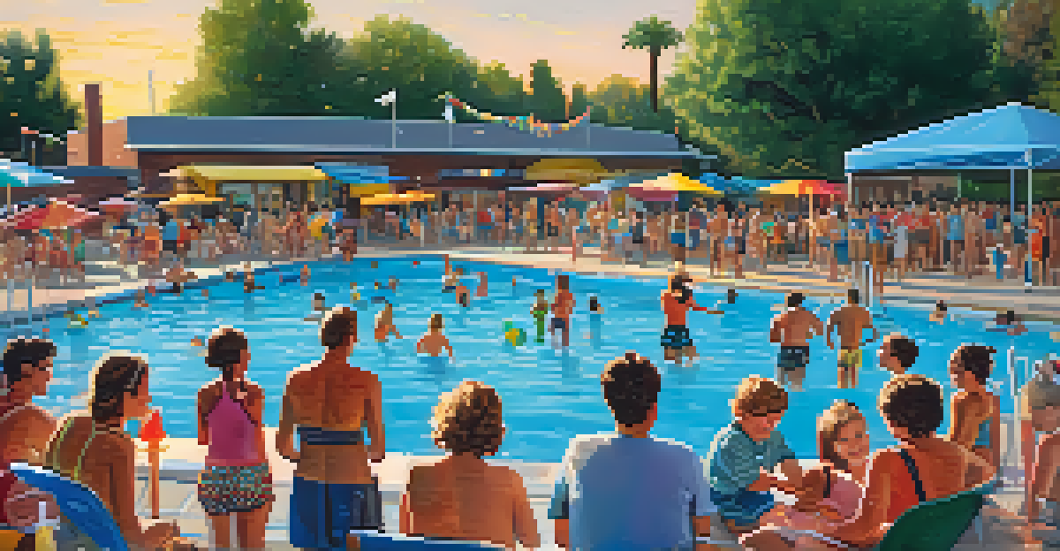 A vibrant community event at a public swimming pool in Phoenix, featuring families enjoying games and refreshments under colorful decorations during a themed swim night.