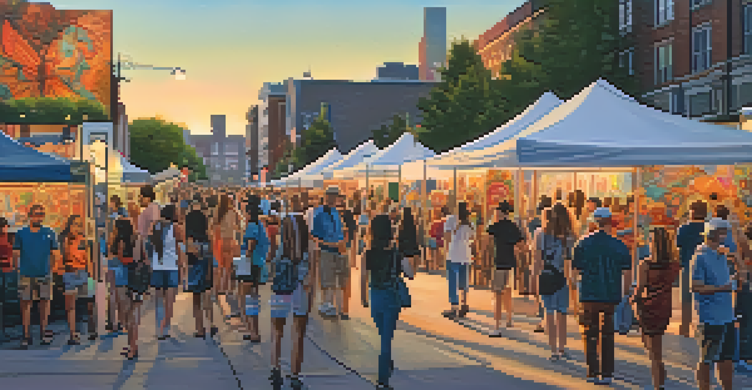 A lively art walk at dusk with people walking past colorful murals and installations, illuminated by warm lighting.