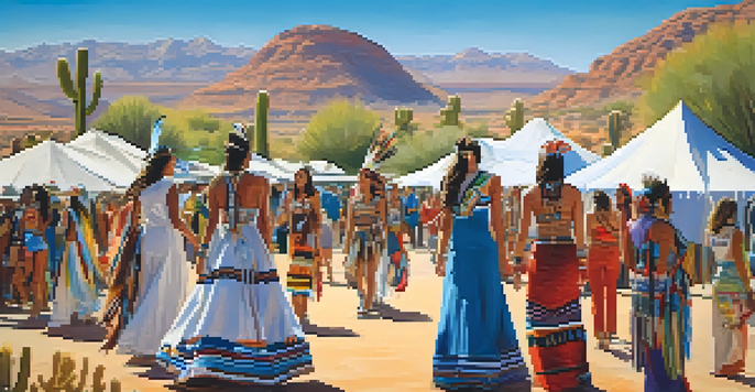 An outdoor fashion event in Phoenix with models in Native American and Southwestern attire, surrounded by colorful tents and diverse attendees.