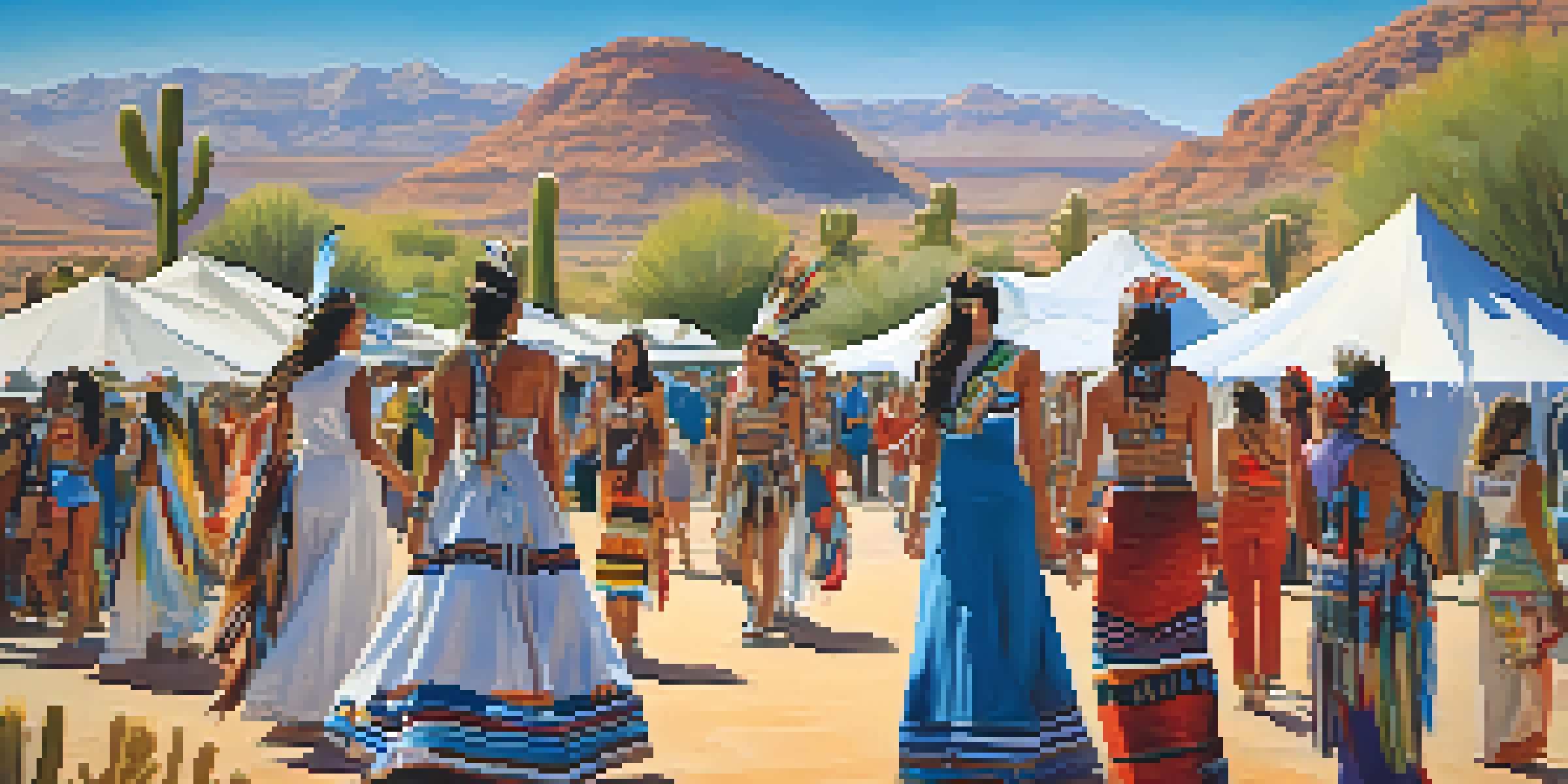 An outdoor fashion event in Phoenix with models in Native American and Southwestern attire, surrounded by colorful tents and diverse attendees.