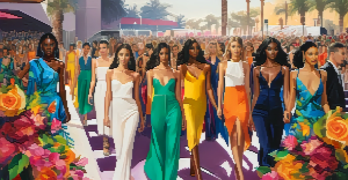 A runway show at Phoenix Fashion Week featuring models in colorful outfits and an energetic crowd in the background.