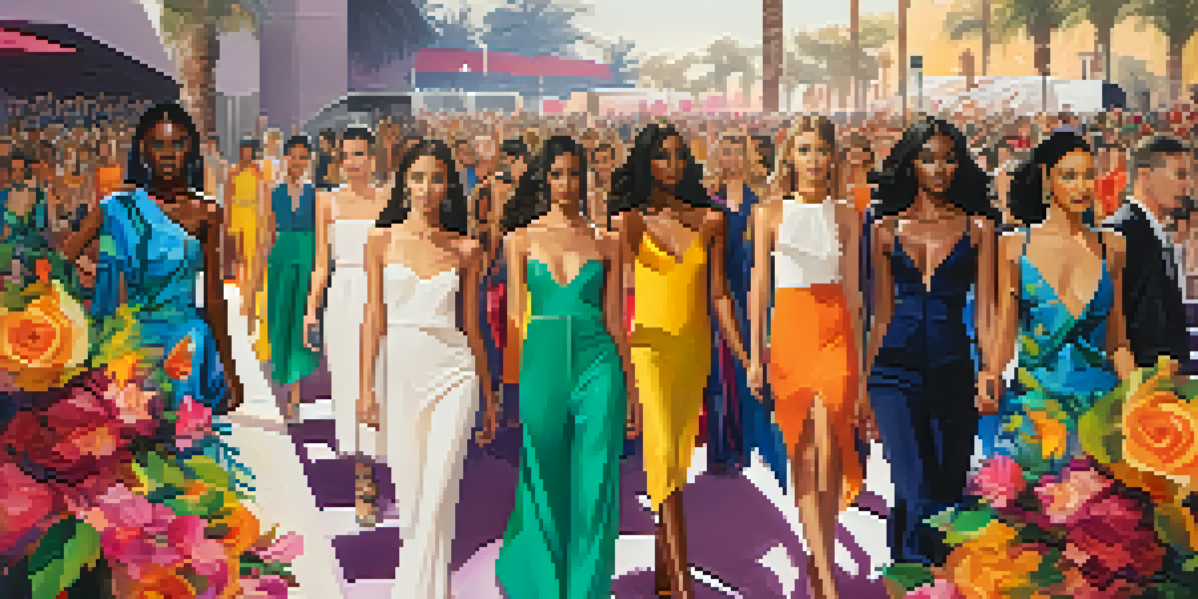 A runway show at Phoenix Fashion Week featuring models in colorful outfits and an energetic crowd in the background.