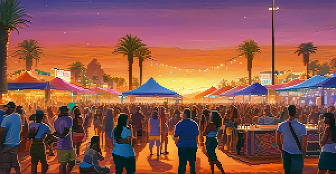 A lively outdoor music festival in Phoenix during sunset, showcasing a diverse crowd enjoying performances with colorful lights and food trucks.