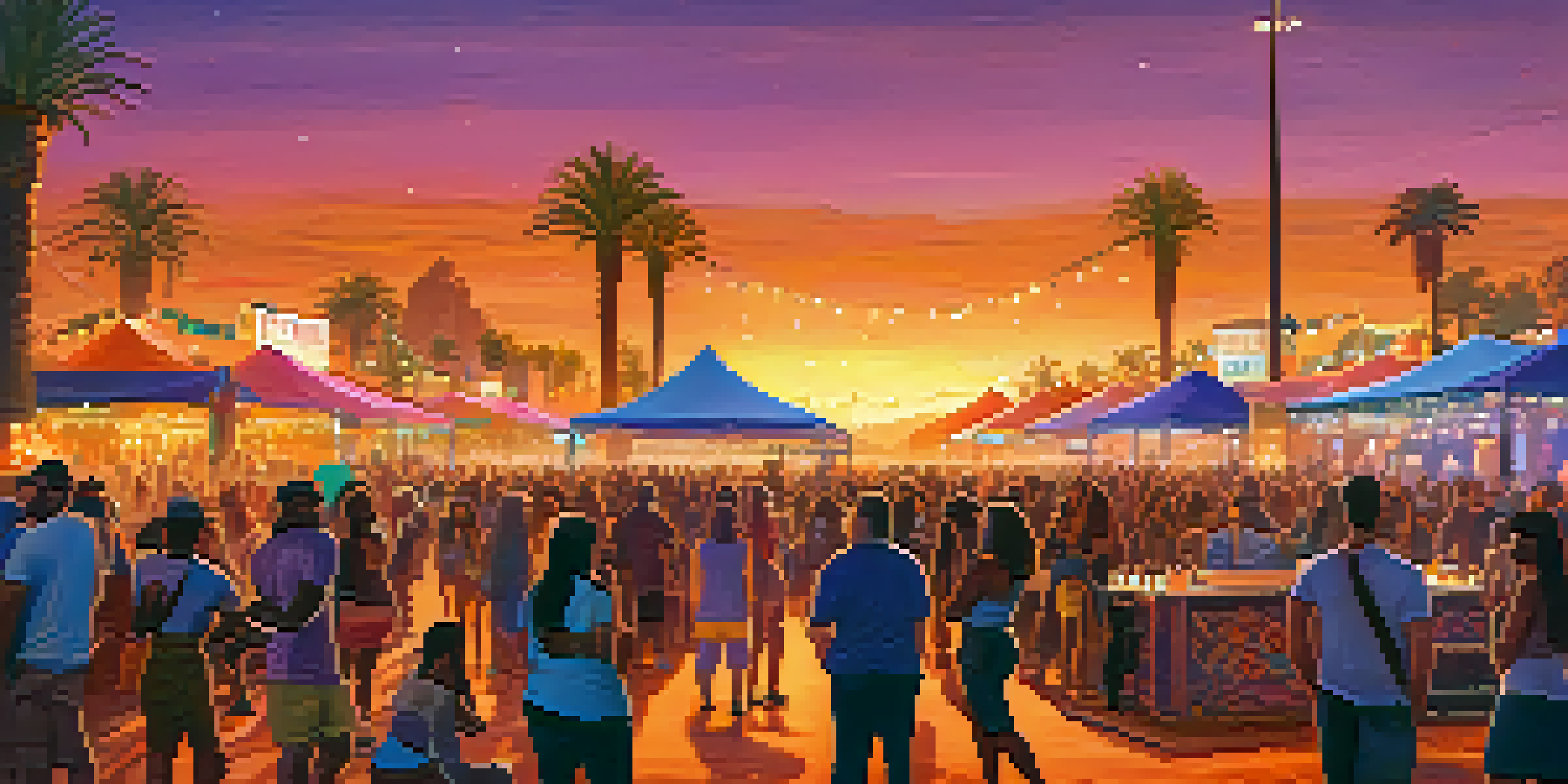 A lively outdoor music festival in Phoenix during sunset, showcasing a diverse crowd enjoying performances with colorful lights and food trucks.