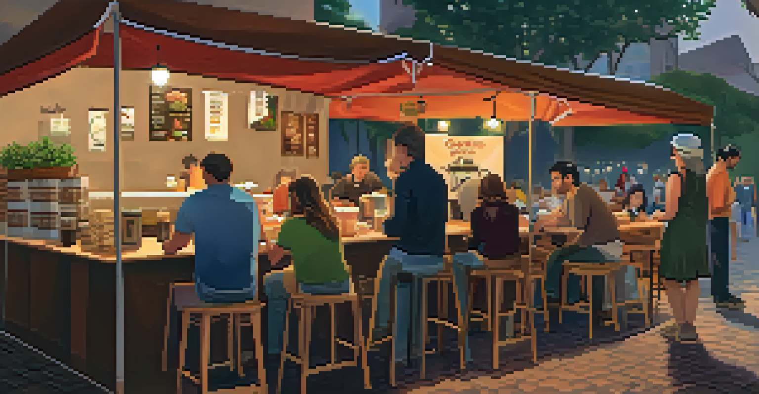 A cozy corner of a coffee festival with artisan food stalls and specialty coffee vendors, creating a warm atmosphere.
