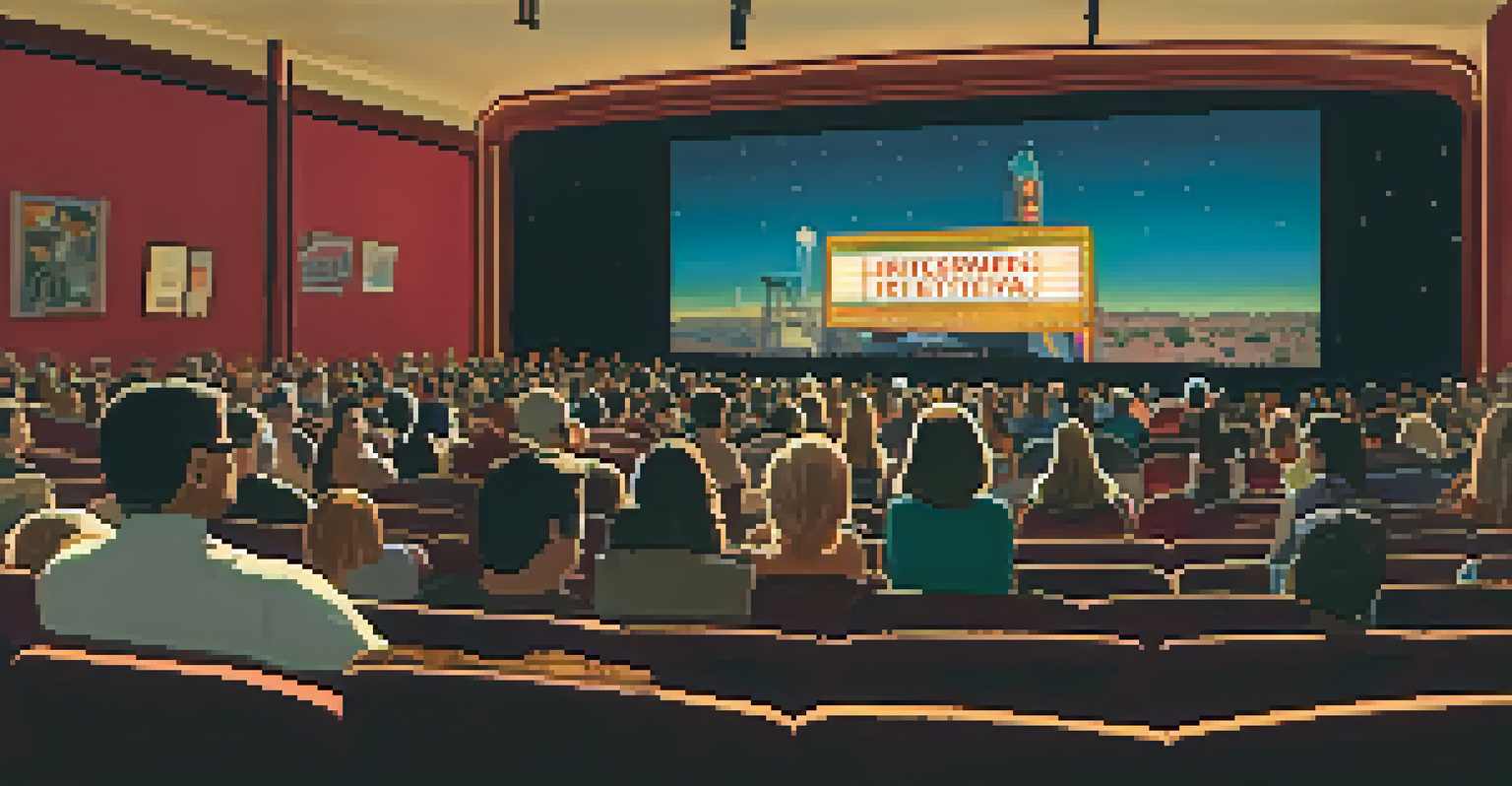 A local film festival scene in a theater with a diverse audience watching a film and filmmakers interacting.