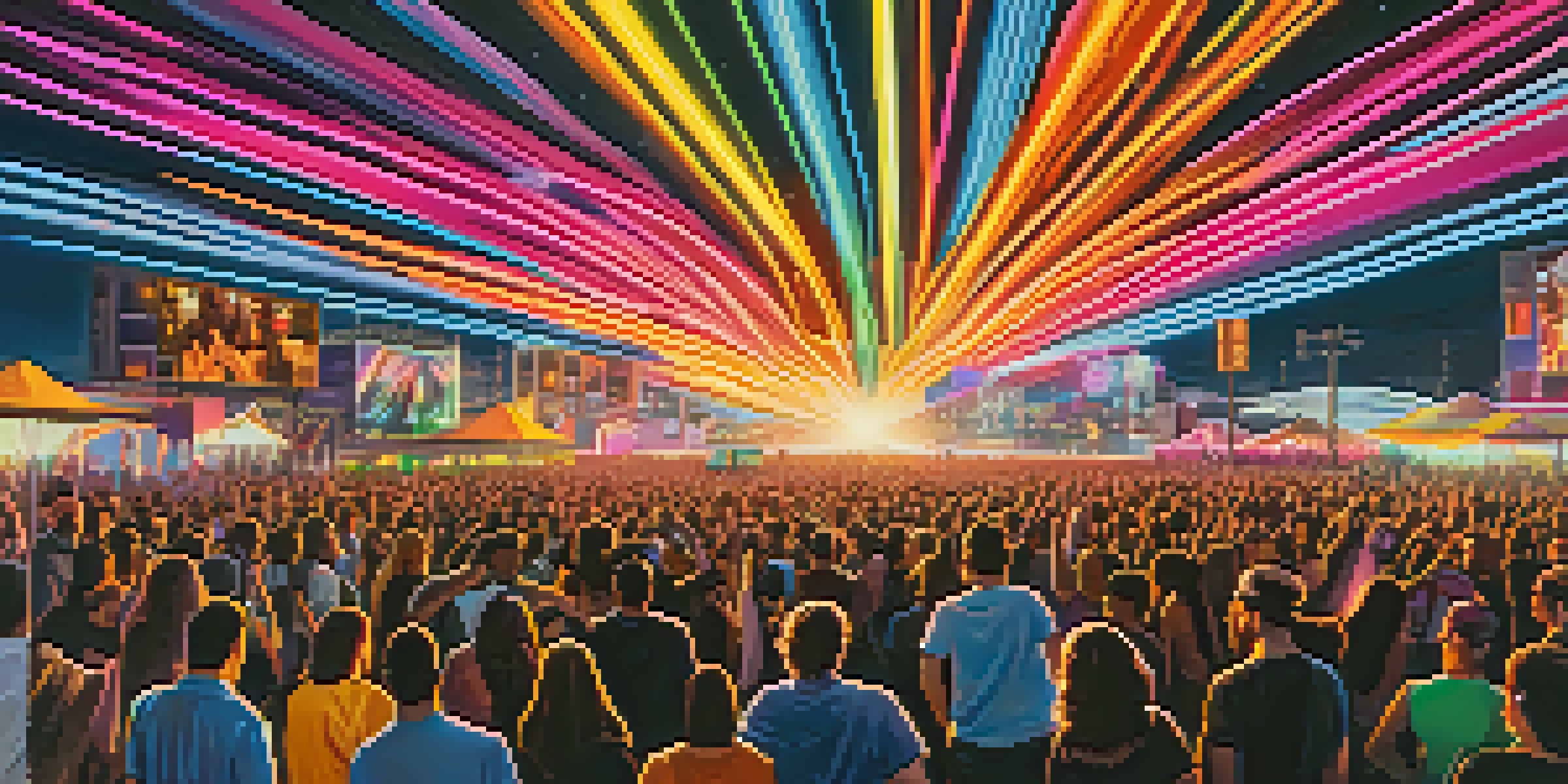 A lively crowd dancing under colorful neon lights at the Phoenix Lights Festival, with DJs performing on stage.
