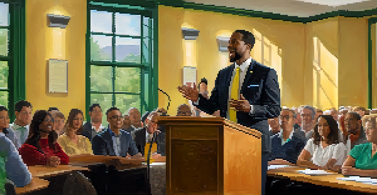 A confident speaker delivering a speech at a Toastmasters event, with an engaged audience in the background.