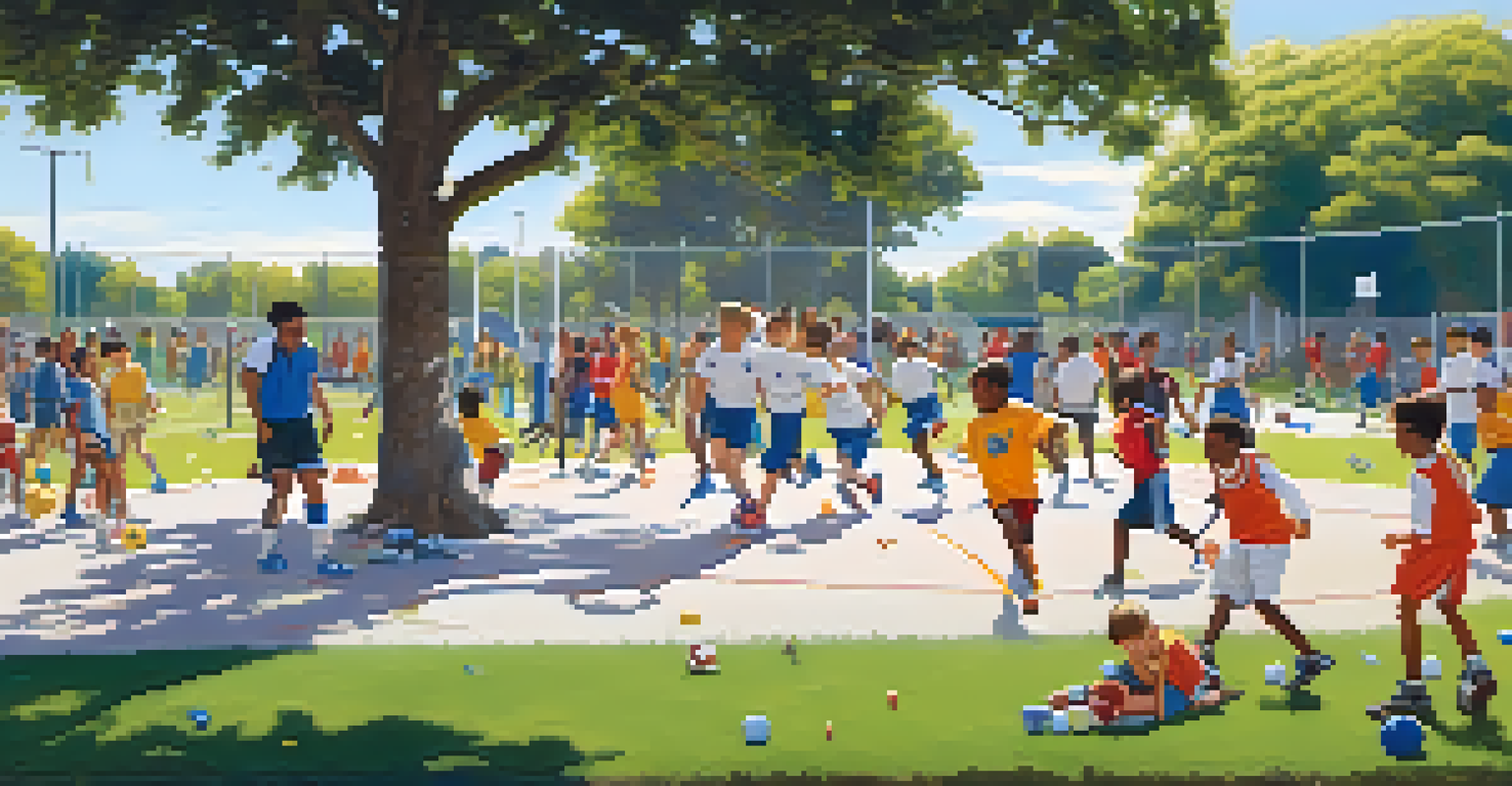 Children participating in an outdoor sports clinic in a park, enjoying activities like soccer and basketball under a sunny sky.