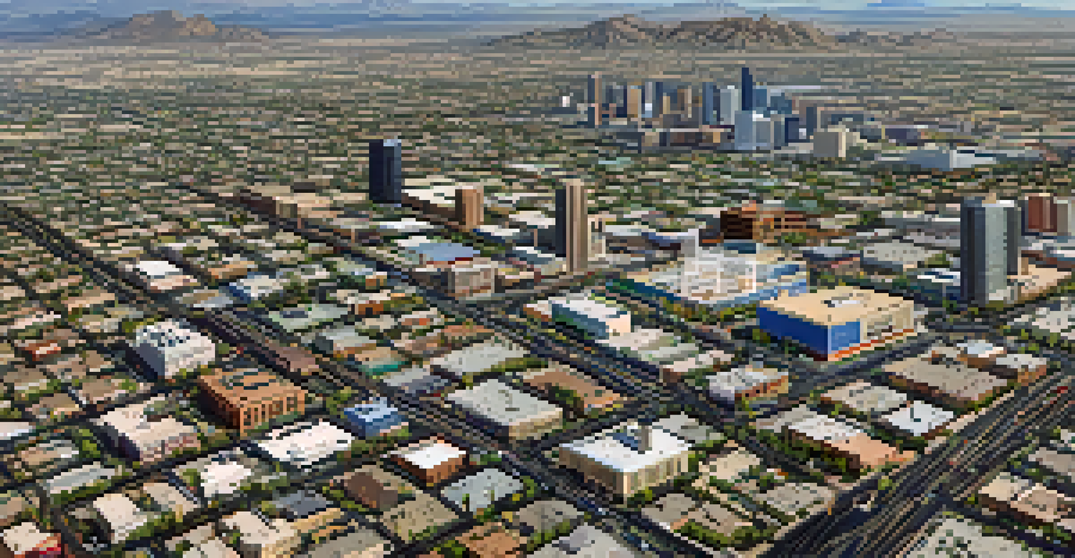An aerial view of Phoenix showing city layout, building density, and emergency service stations.