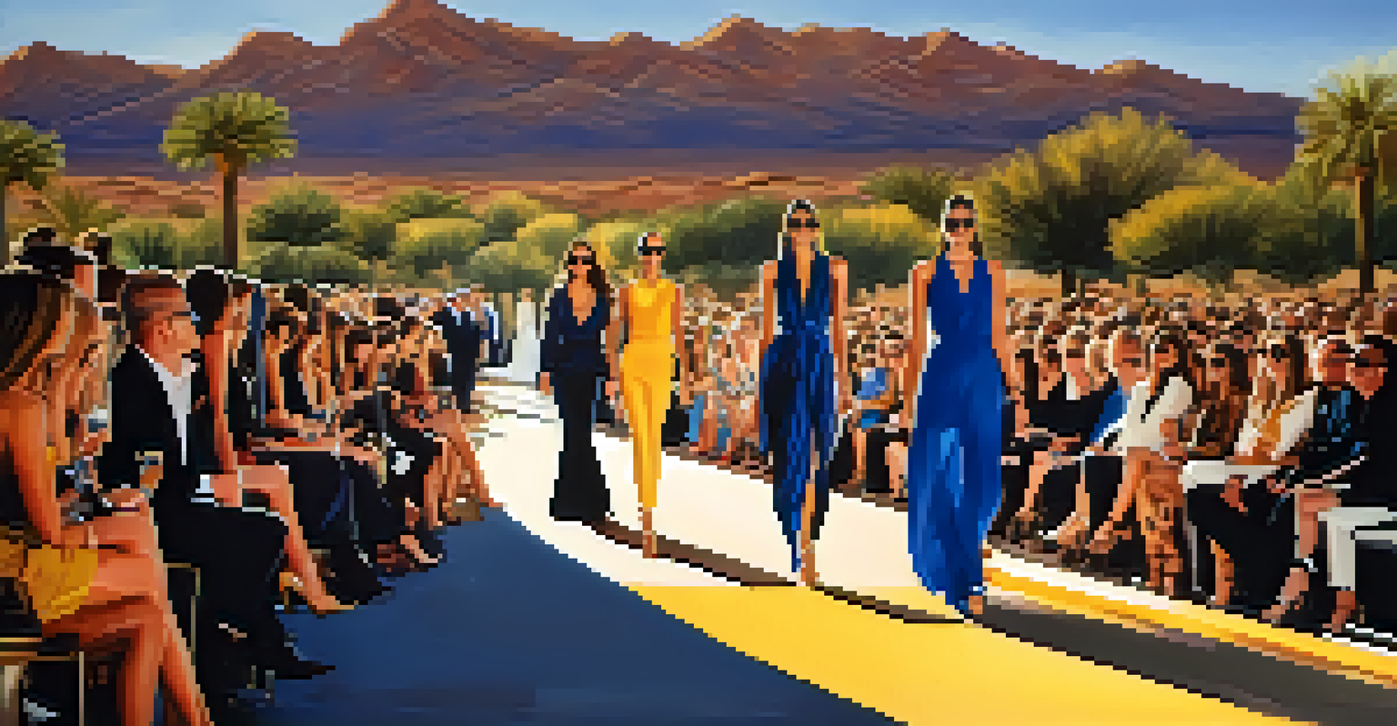 A sophisticated runway presentation at Scottsdale Fashion Week with models in luxurious outfits and a beautiful desert backdrop.