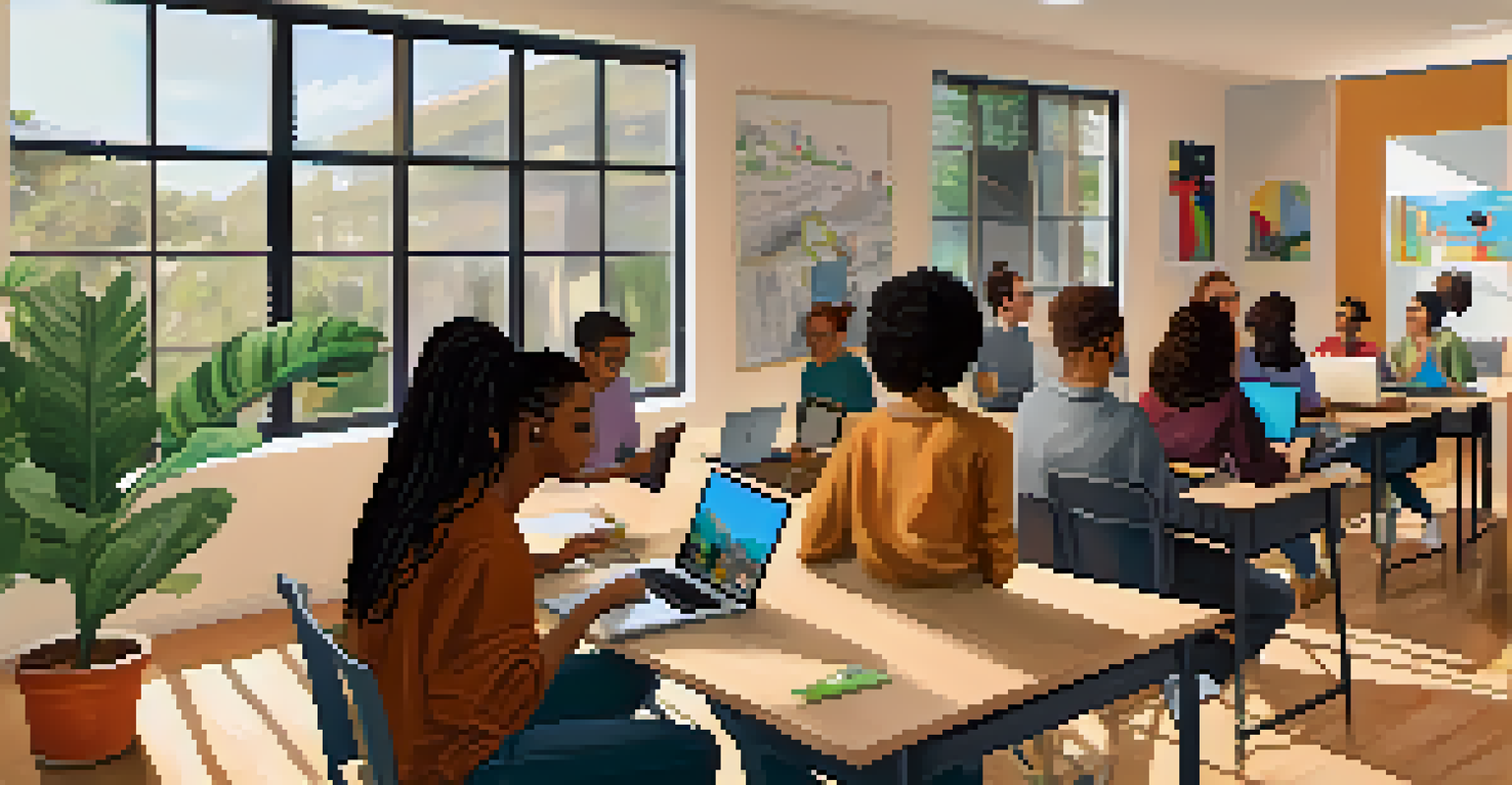 A group of diverse students participating in an online class from their individual home workspaces with laptops and notebooks.