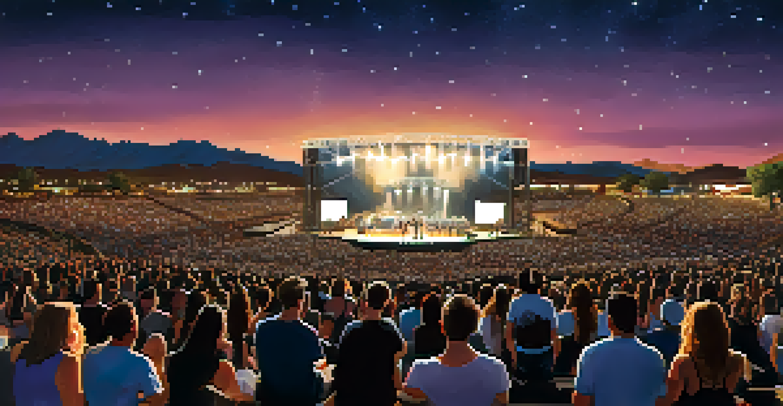 A large outdoor concert venue with a band performing under a starry sky and a crowd of enthusiastic fans.
