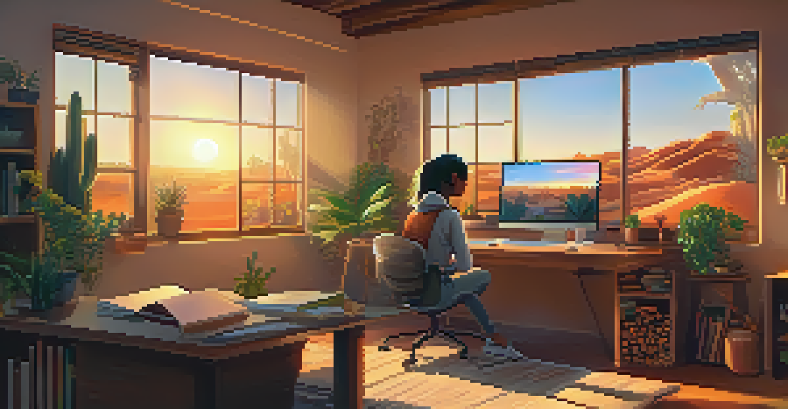 A cozy home study space with a student at a desk using a laptop, decorated with plants and books, with a sunset view over the desert through the window.