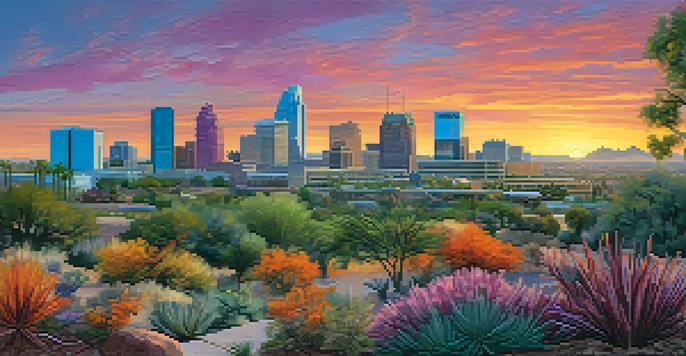 A panoramic view of Phoenix's skyline at sunset, featuring modern buildings and the historical Arizona State Capitol.