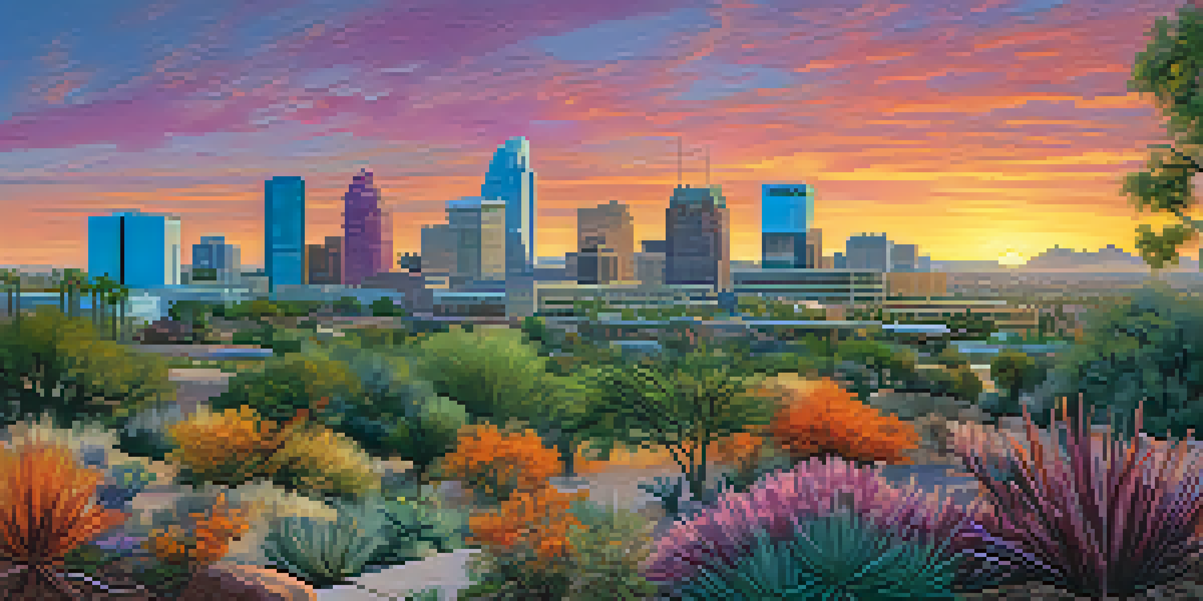 A panoramic view of Phoenix's skyline at sunset, featuring modern buildings and the historical Arizona State Capitol.