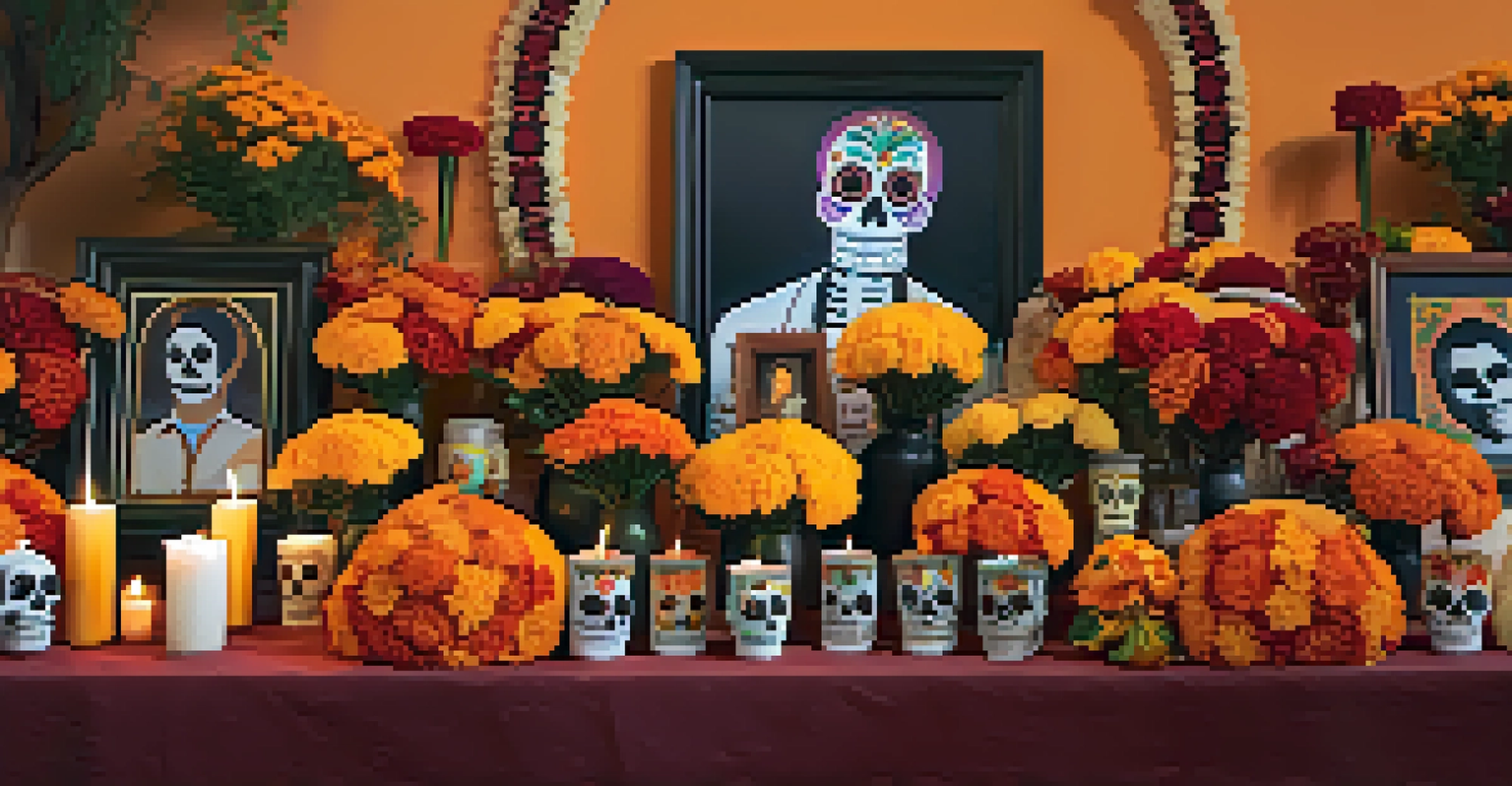 A vibrant altar honoring loved ones for the Day of the Dead celebration with marigolds and candles.