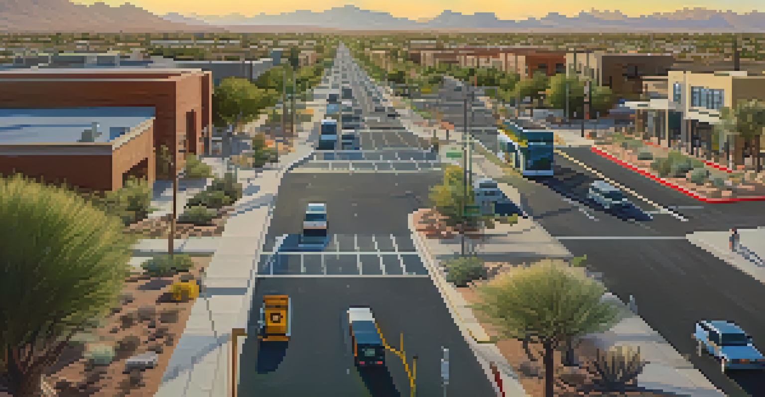 An aerial view of a Phoenix neighborhood with dedicated bus lanes and upgraded bus stops, bustling with buses and cyclists.