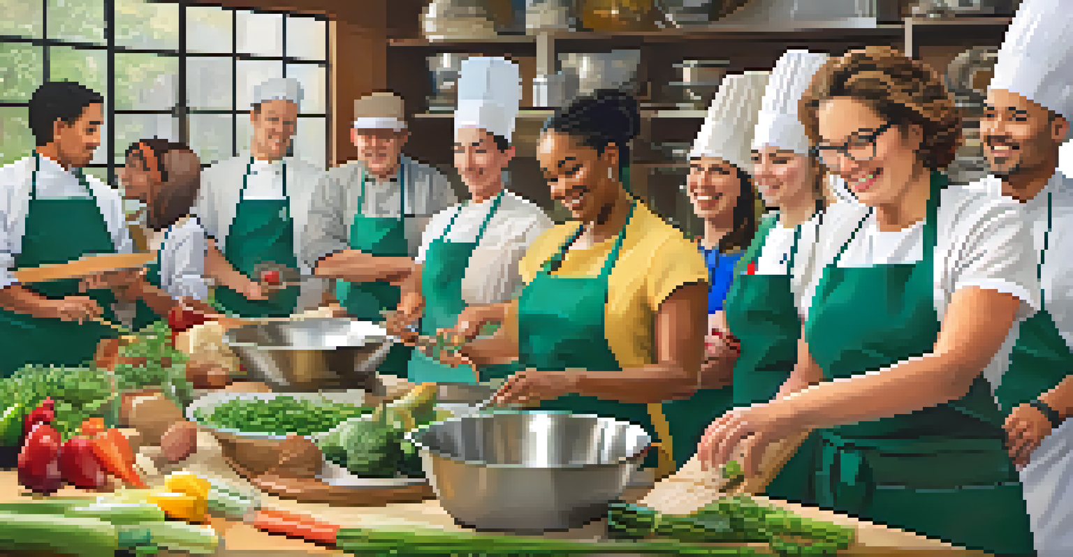A lively cooking class with a diverse group of beginners learning from an experienced chef.