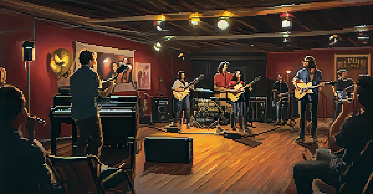 An indoor music venue in Phoenix with a local indie band performing on stage, warm lighting, and an engaged audience.