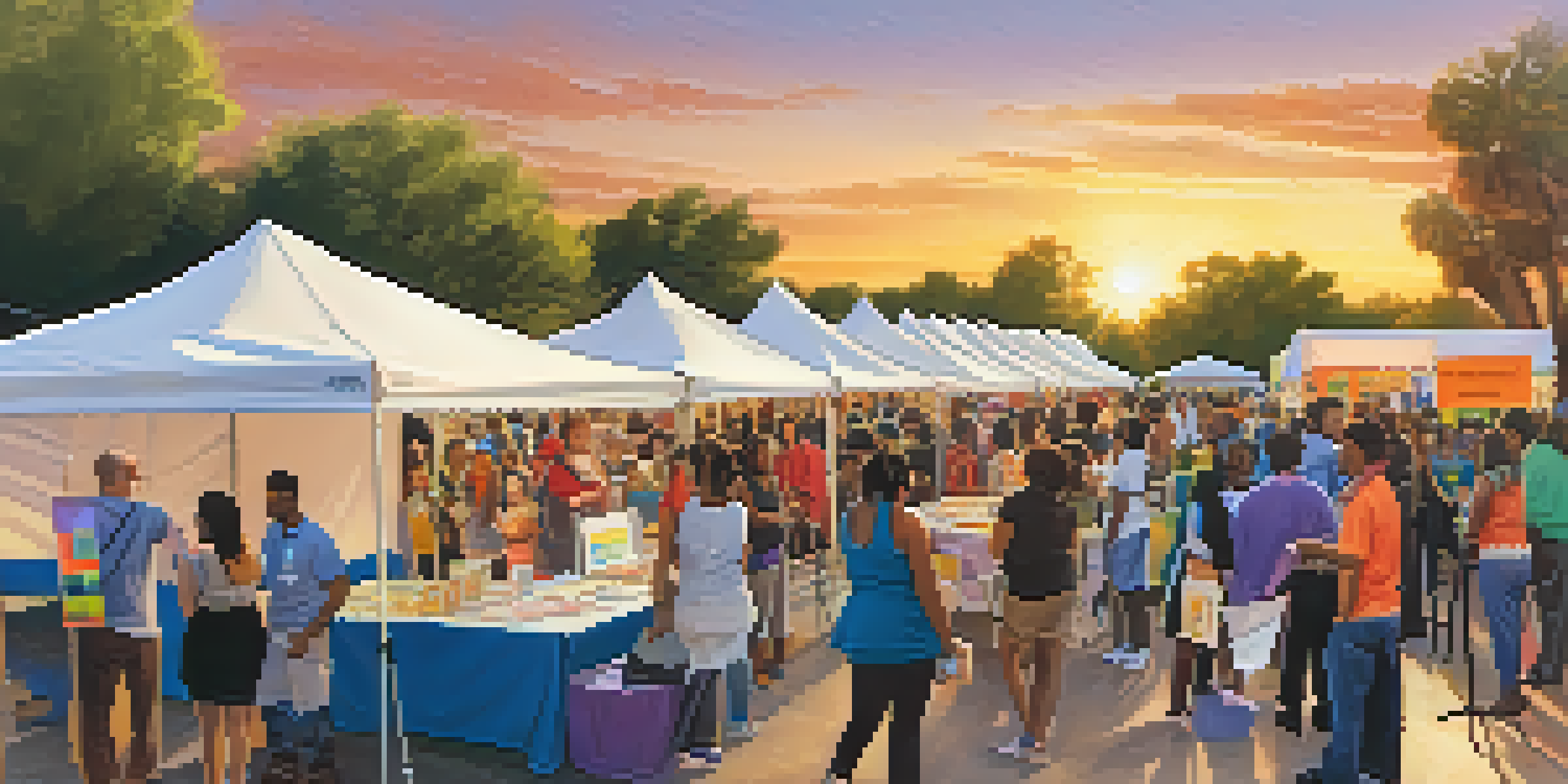 A lively community health fair in Phoenix with diverse participants interacting with health professionals and colorful banners, illuminated by a warm sunset.