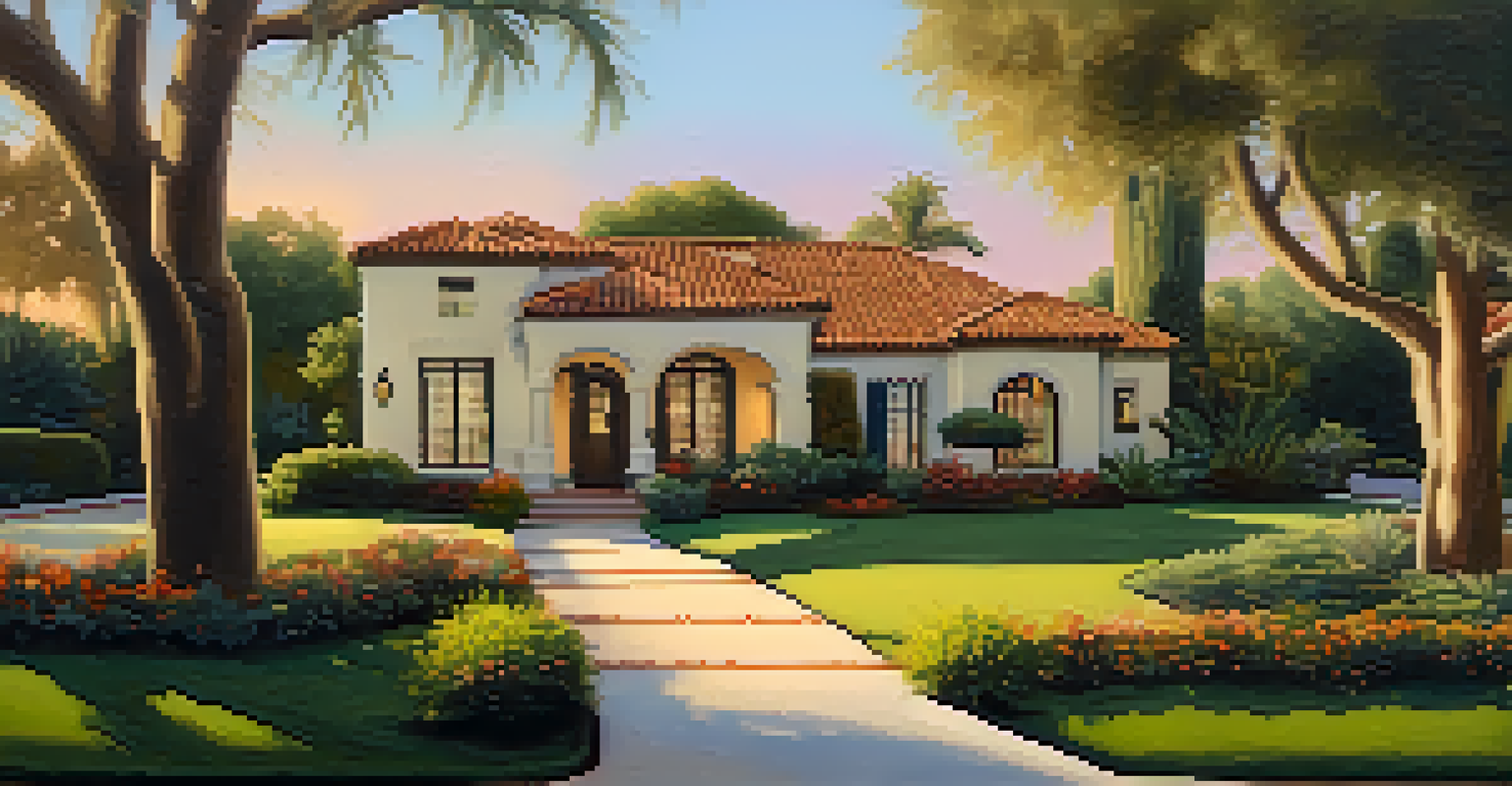 A tranquil sunset in Encanto-Palmcroft showcasing Mediterranean Revival homes and landscaped yards, with warm sunset colors enhancing the peaceful atmosphere.