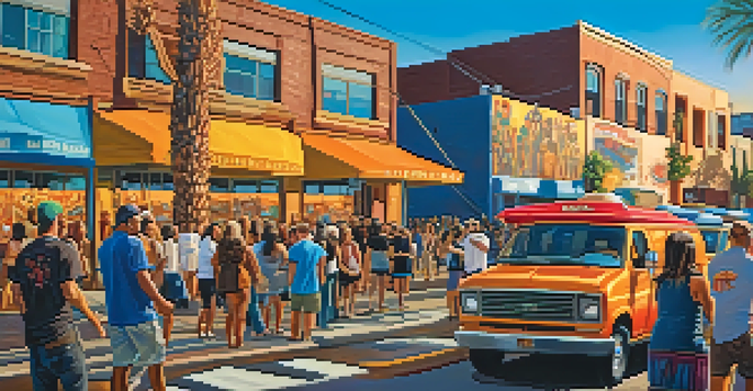A lively street scene in Roosevelt Row with colorful murals, artists painting, and a crowd enjoying the festive atmosphere during First Fridays.