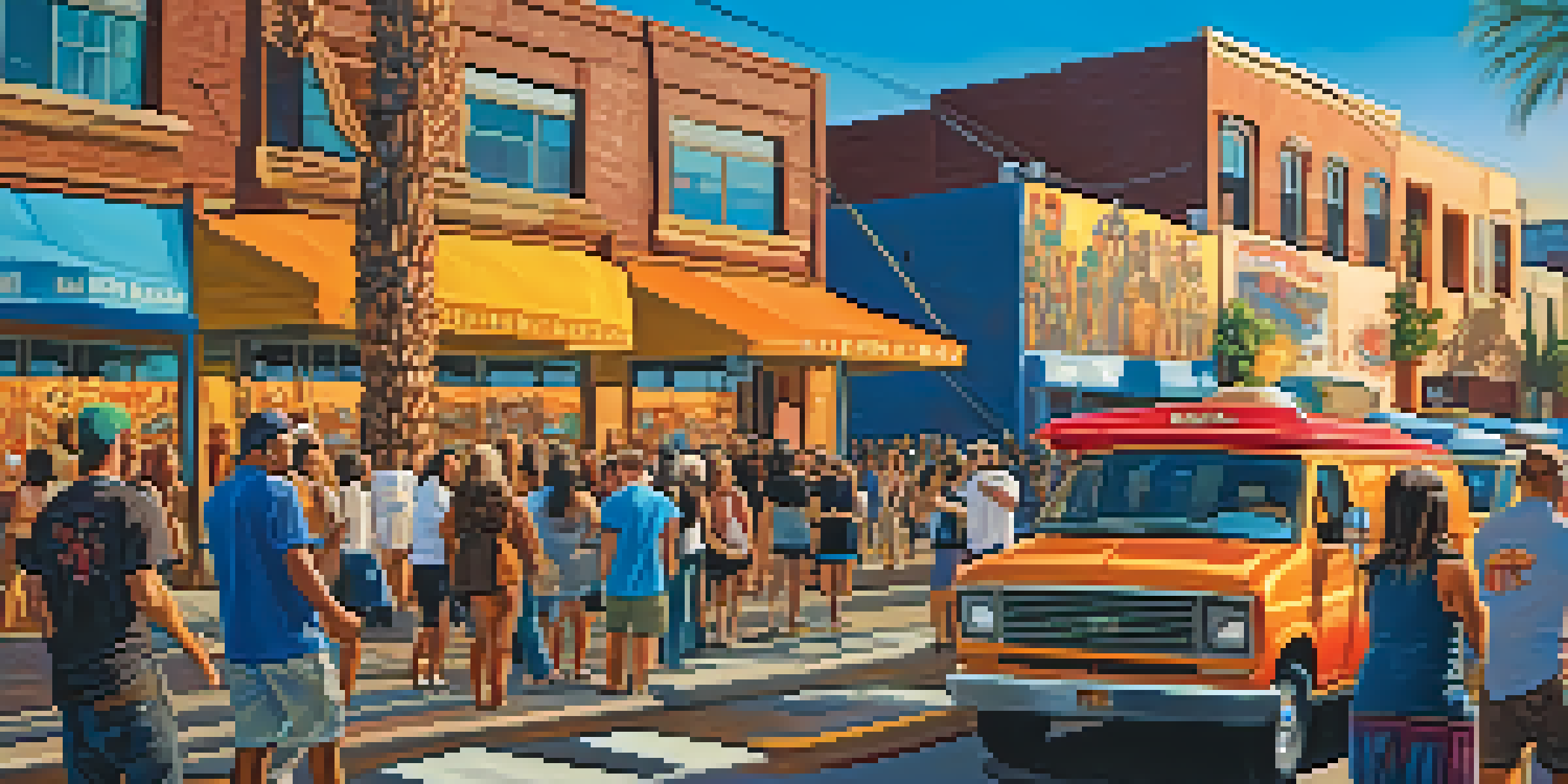 A lively street scene in Roosevelt Row with colorful murals, artists painting, and a crowd enjoying the festive atmosphere during First Fridays.