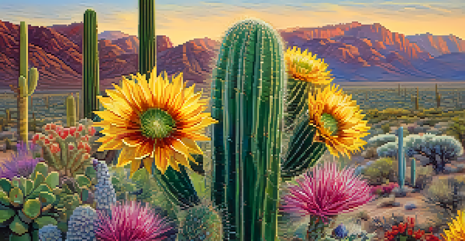 Close-up of a saguaro cactus surrounded by colorful wildflowers, capturing the texture and diversity of desert flora.