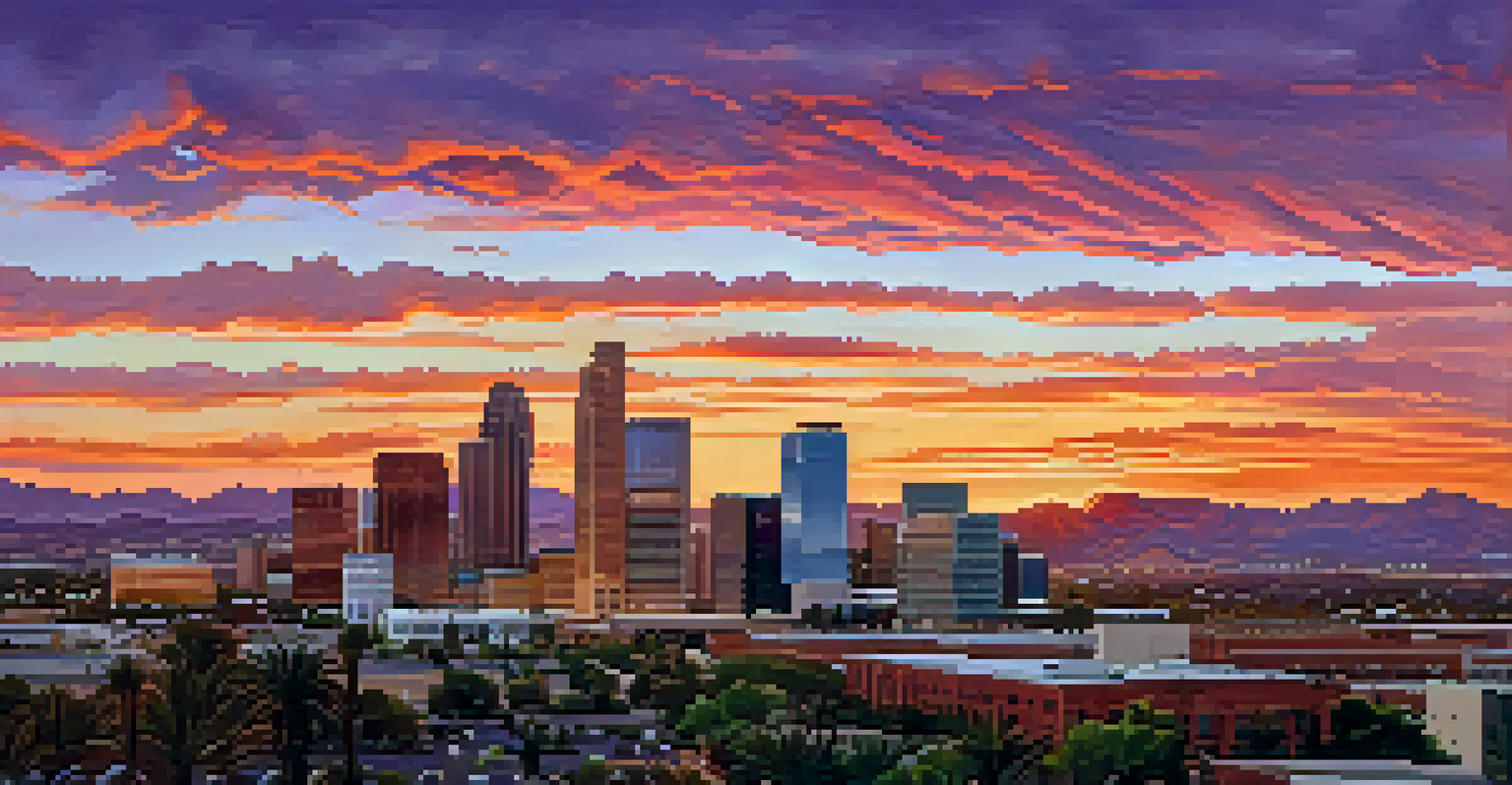 A panoramic view of the Downtown Phoenix skyline at sunset, showcasing colorful skies and modern glass buildings.
