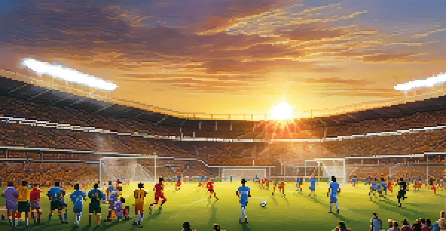 A friendly soccer match in Phoenix, with diverse athletes competing and spectators cheering, set against a sunset backdrop.