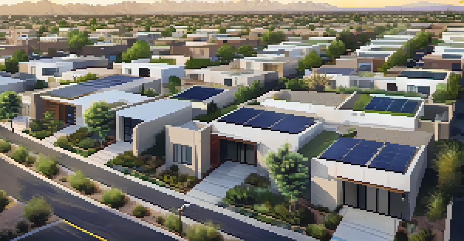 An aerial view of a suburban neighborhood in Phoenix with energy-efficient homes and green spaces.