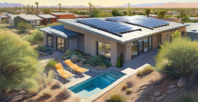 A modern neighborhood in Phoenix featuring energy-efficient homes with solar panels and drought-resistant landscaping under a sunny sky.