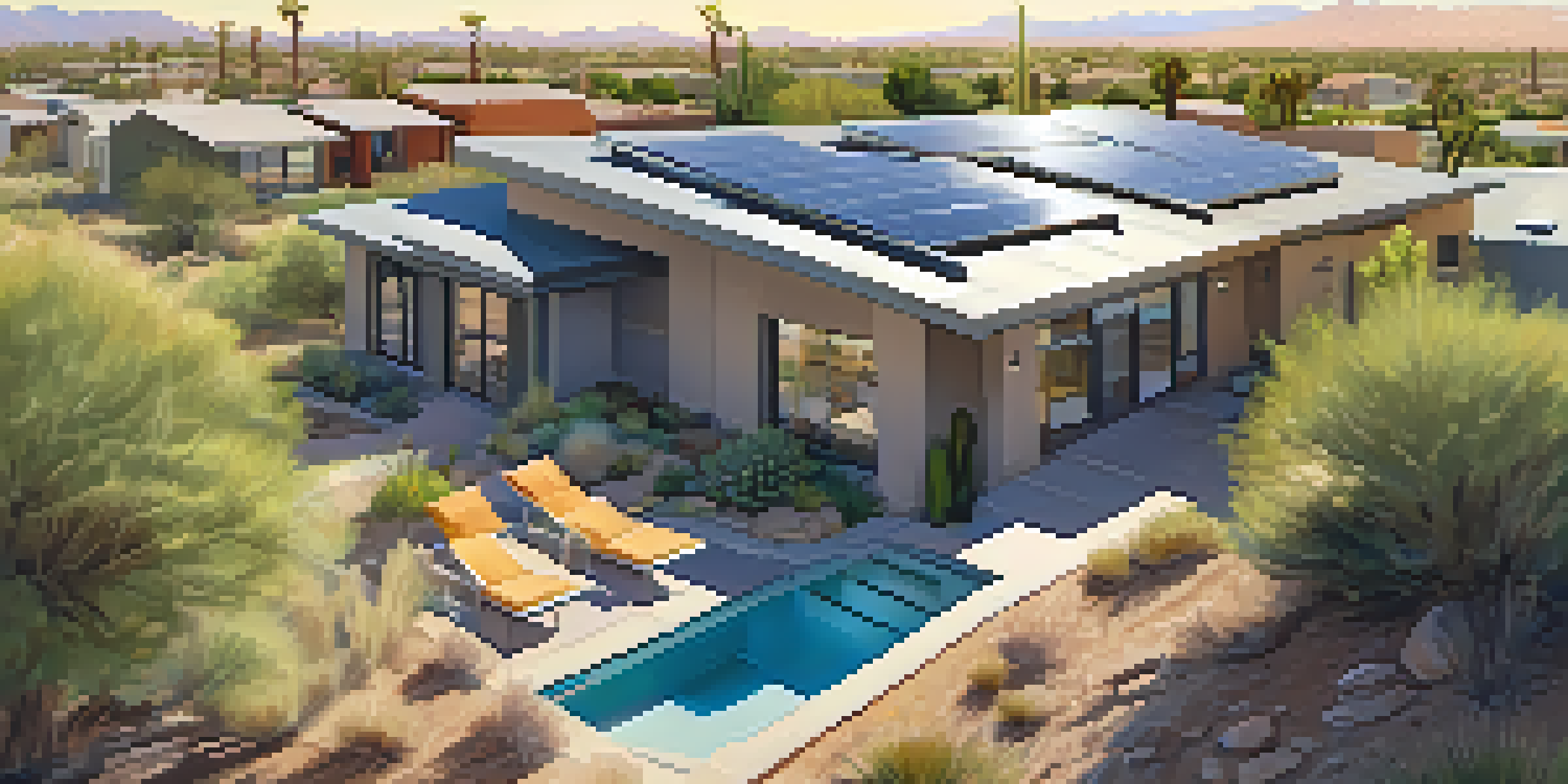 A modern neighborhood in Phoenix featuring energy-efficient homes with solar panels and drought-resistant landscaping under a sunny sky.