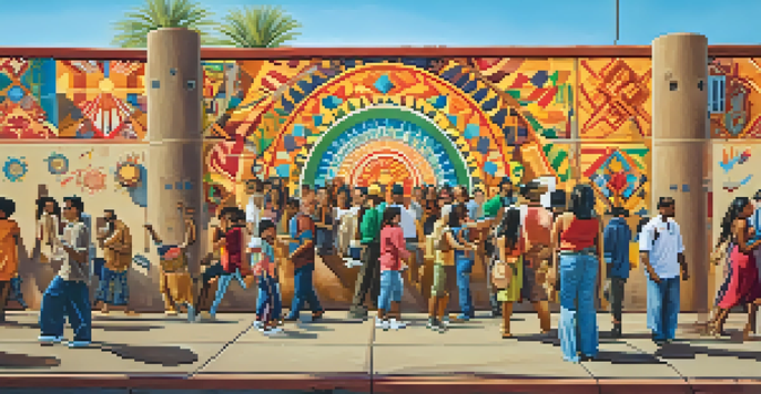 A colorful mural showcasing diverse individuals participating in cultural activities, representing Phoenix's multicultural heritage.