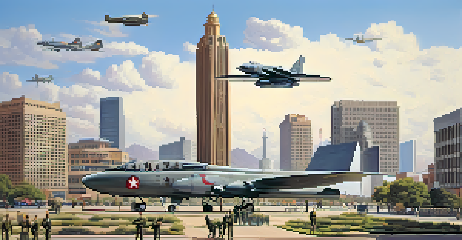 A modern Phoenix skyline with veterans and service members in the foreground, showcasing a blend of historical military elements and contemporary architecture.