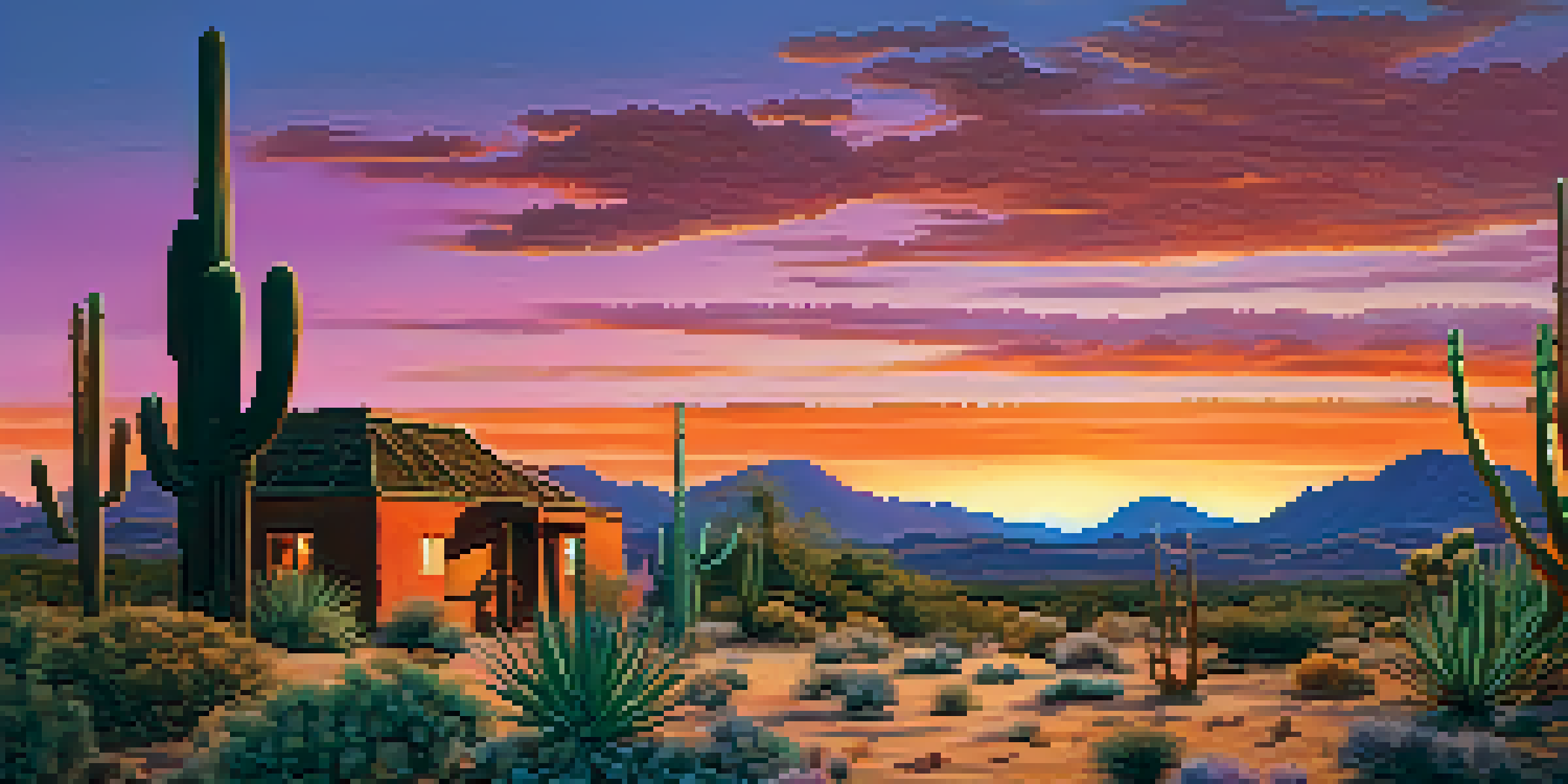 A tranquil desert scene with a colorful sunset, traditional Indigenous structures, and native plants in the foreground.
