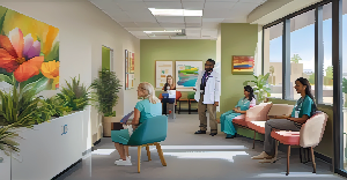 A modern primary care clinic in Phoenix with diverse healthcare providers and patients interacting in a bright and welcoming atmosphere.