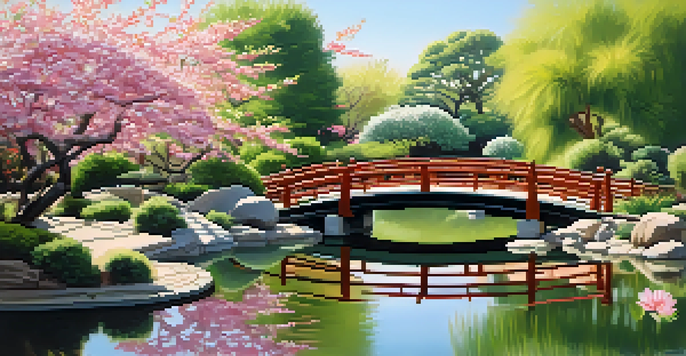 A peaceful Japanese garden featuring koi ponds, vibrant cherry blossoms, and traditional architecture, illuminated by soft morning light.