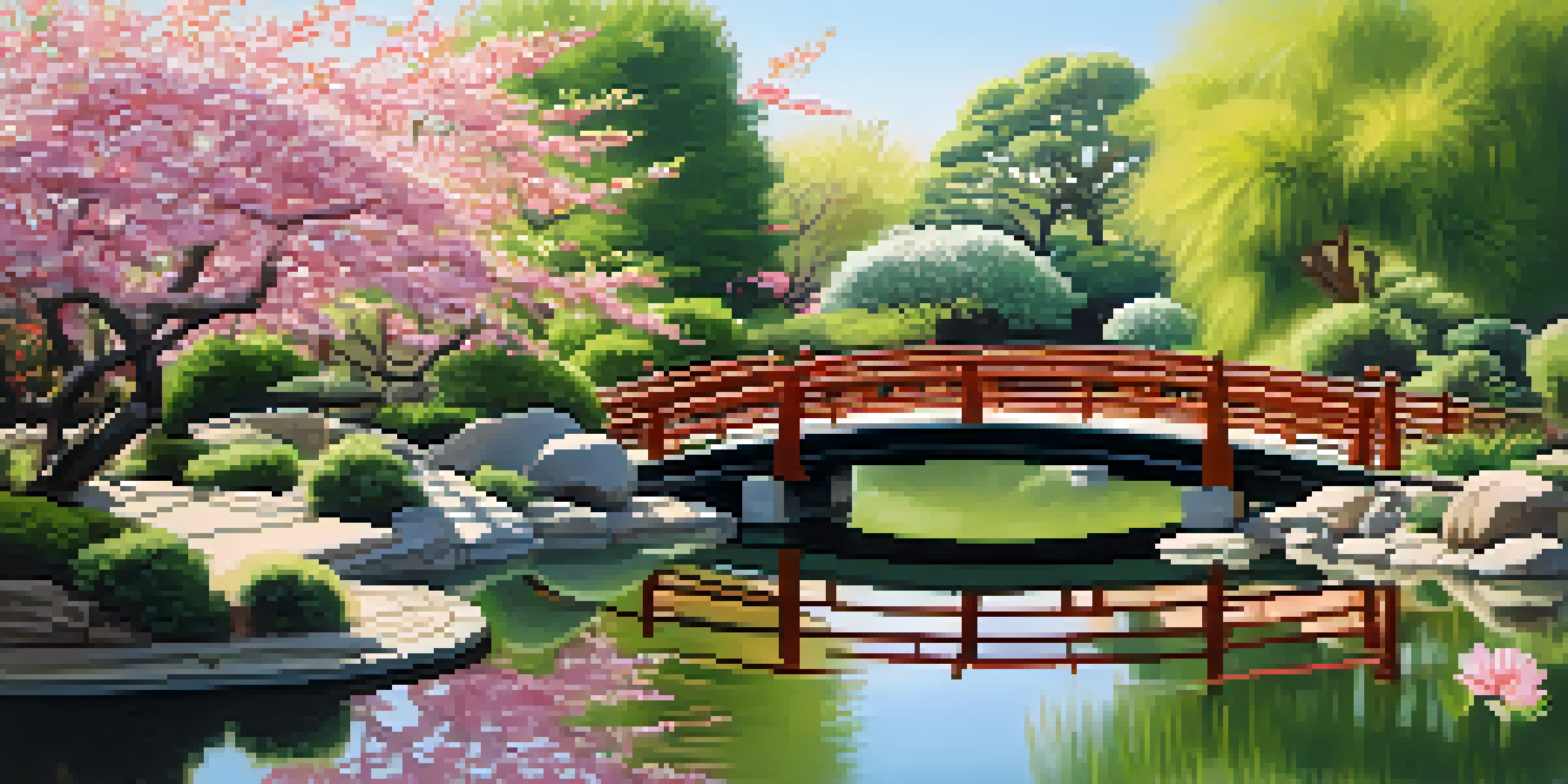 A peaceful Japanese garden featuring koi ponds, vibrant cherry blossoms, and traditional architecture, illuminated by soft morning light.