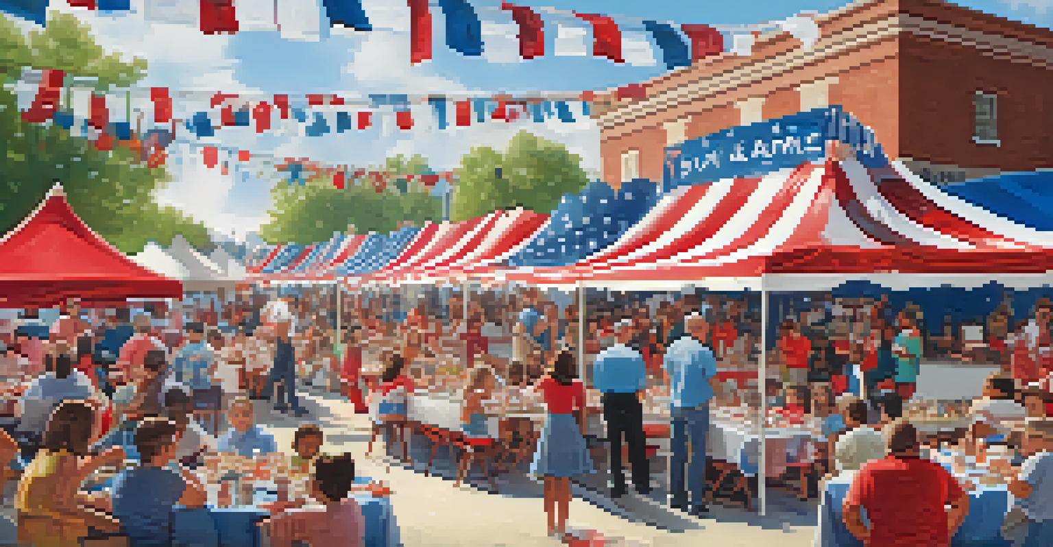 A joyful community festival scene with families enjoying food, games, and live music, decorated in patriotic colors.