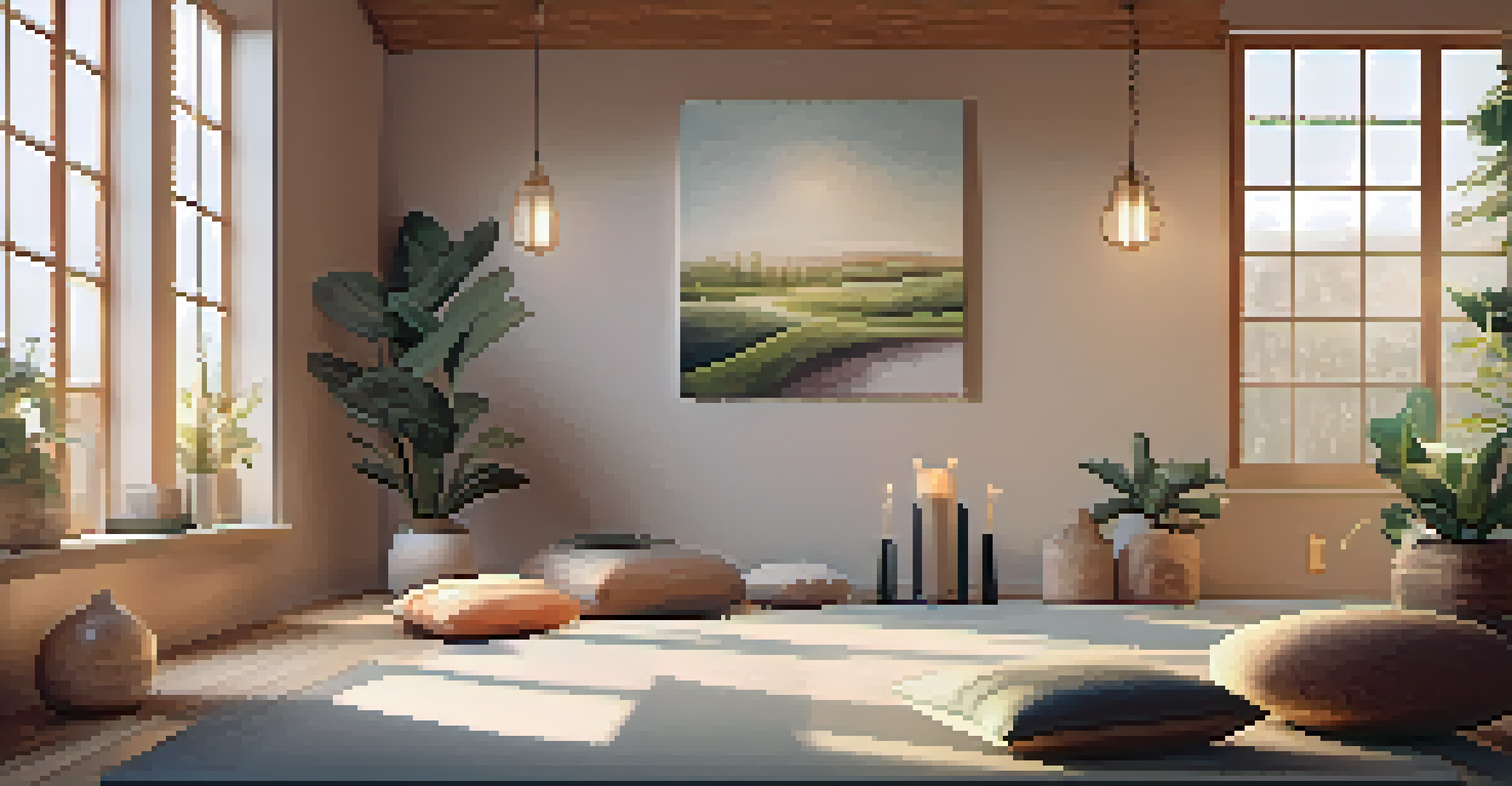 A peaceful restorative yoga setting with a calm, dimly lit room and relaxation props arranged for use.