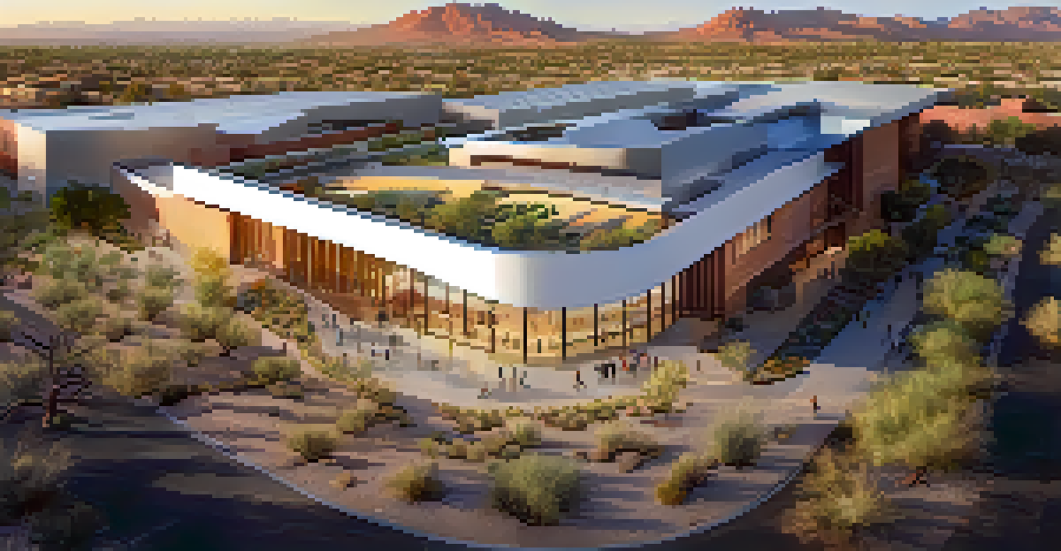 Aerial view of Arizona State University's SkySong Innovation Center with unique architecture, desert landscaping, and people engaging in discussions.