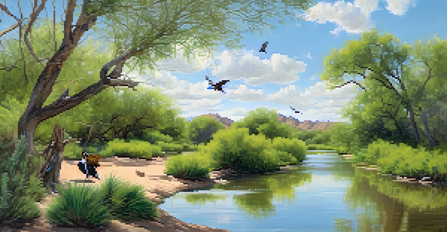 Lush river landscape at the Rio Salado Habitat Restoration Area with waterfowl and songbirds, surrounded by greenery.