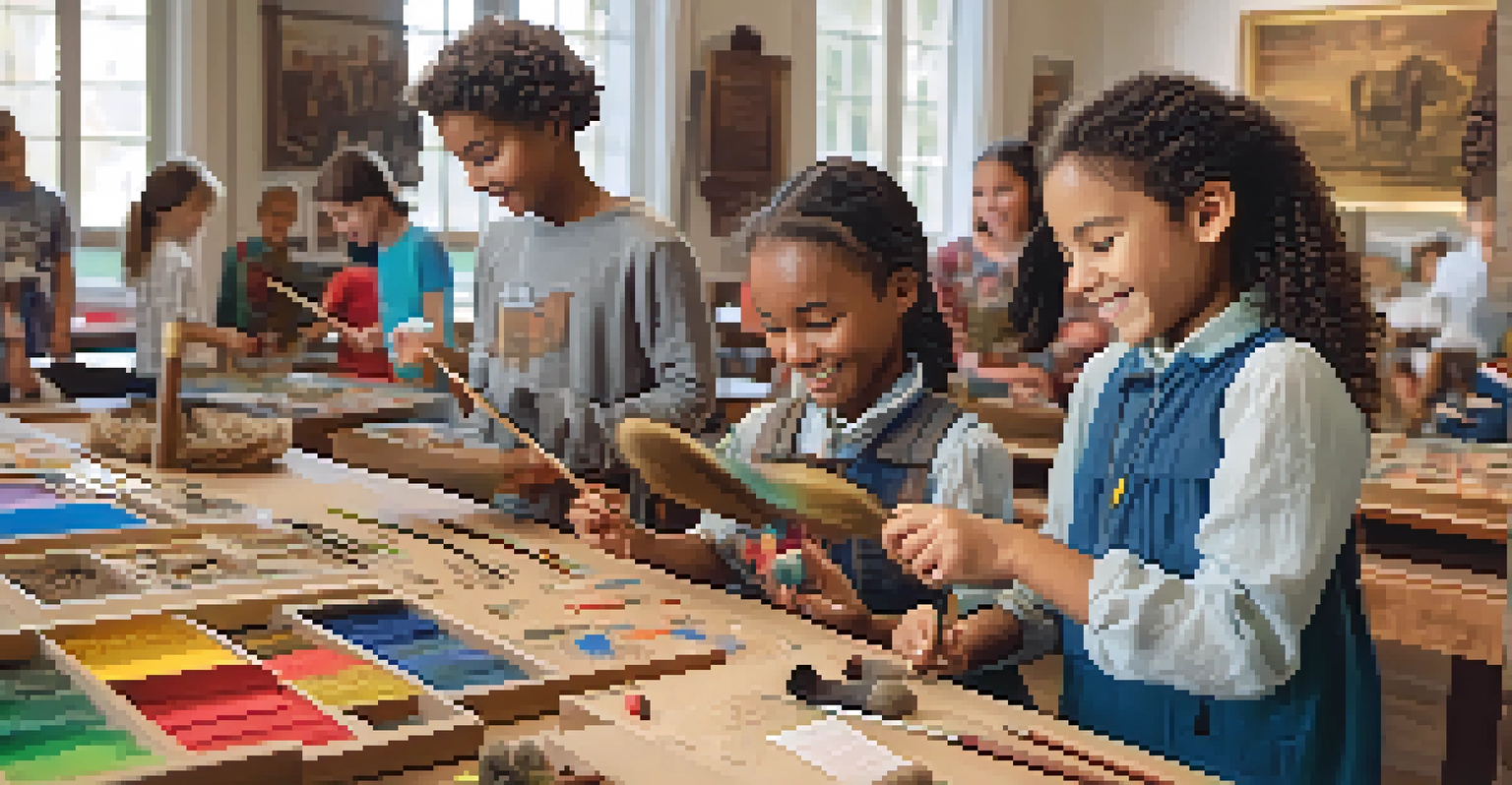 Children participating in an interactive workshop at a historical society, crafting traditional artifacts with colorful materials around them.