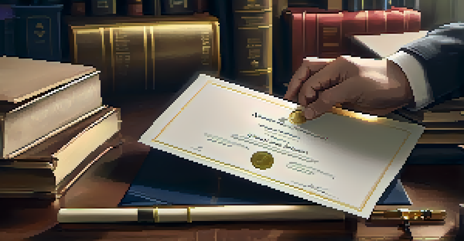 Close-up of a professional's hands holding a certification diploma with a gold seal, on a desk with books and a laptop.