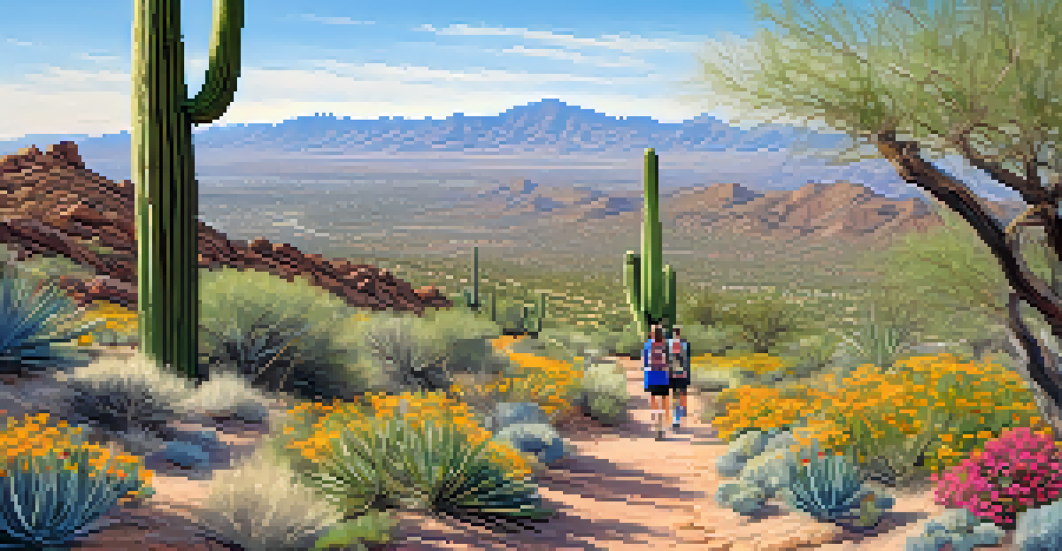 Beginner hikers on the Bajada Trail in South Mountain Park, surrounded by wildflowers and a view of the Phoenix skyline.