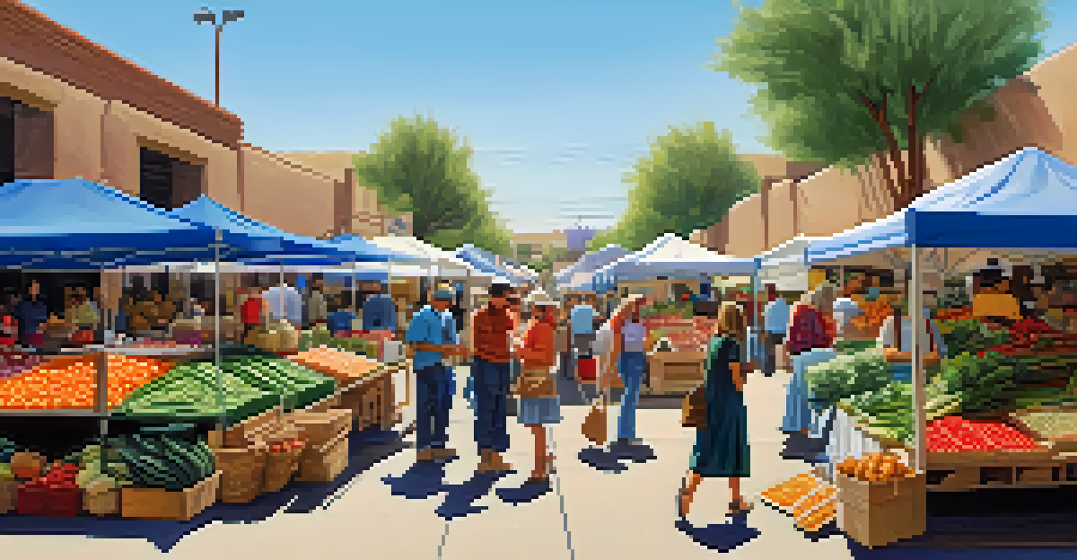 A bustling farmers market in Phoenix, showcasing fresh produce and handmade crafts, with families enjoying the community atmosphere.