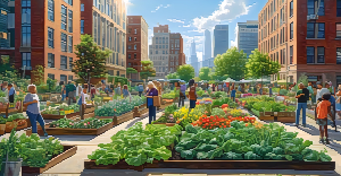 A lively community garden in a city, with people gardening among colorful plants and flowers, surrounded by tall buildings.
