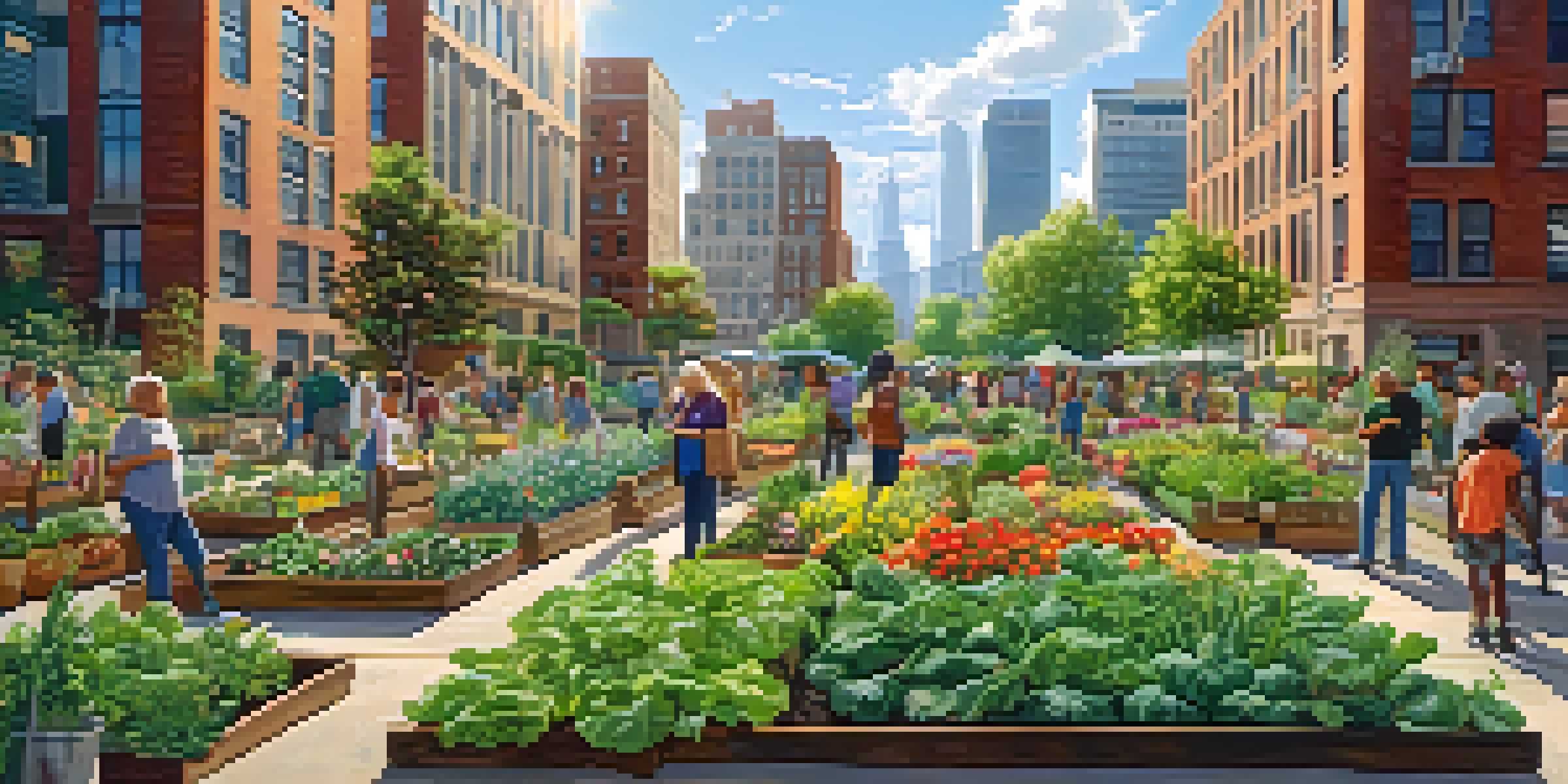 A lively community garden in a city, with people gardening among colorful plants and flowers, surrounded by tall buildings.